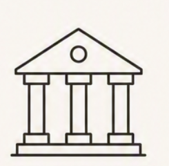 Outline drawing of a classical building with a triangular roof, a circular window, and four columns in front.