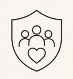 A shield emblem with a heart at the bottom and three human figures above it.