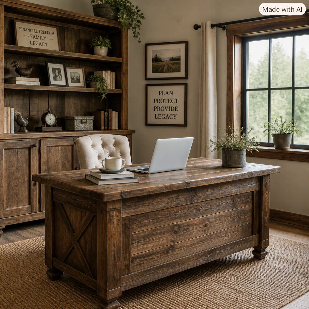 A rustic home office with a wooden desk, an open laptop, a stack of books, a mug, and potted plants. There is a wooden bookshelf with decorative items and framed pictures on the wall. A window with curtains shows greenery outside.