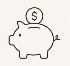 Simple illustration of a piggy bank with a coin featuring a dollar sign being inserted.