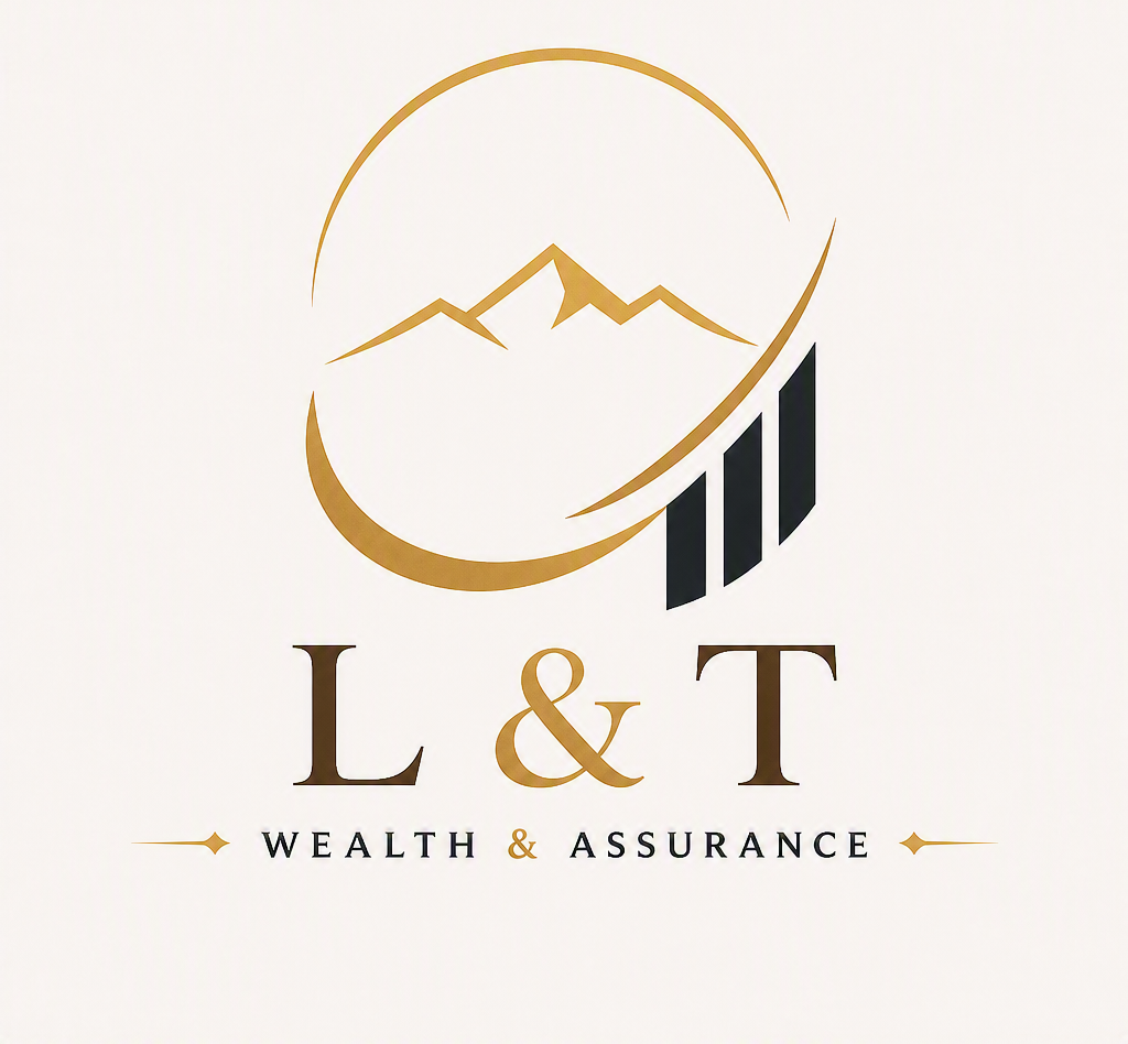 Logo with a mountain and circular border, three black upward trend bars, the letters 'L & T', and the words 'WEALTH & ASSURANCE'