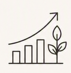 A line graph with an arrow pointing upward and a plant with leaves growing from the last bar.