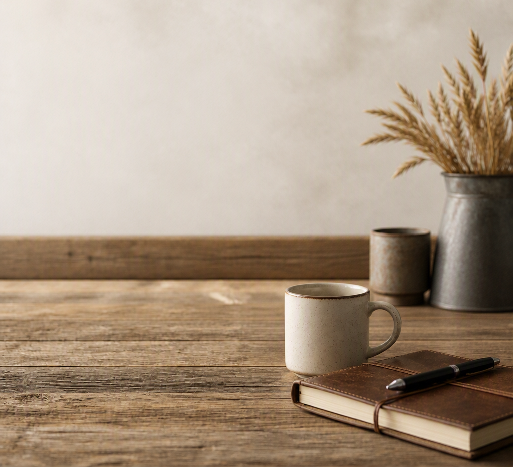 A rustic wooden desk with a white ceramic mug, a closed leather journal with a pen on top, and a vase of dried wheat stalks in the background.