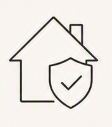Outline of a house with a shield and checkmark in front of it.