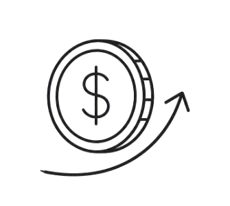Line drawing of a dollar sign inside a coin with an upward arrow indicating growth or increase.