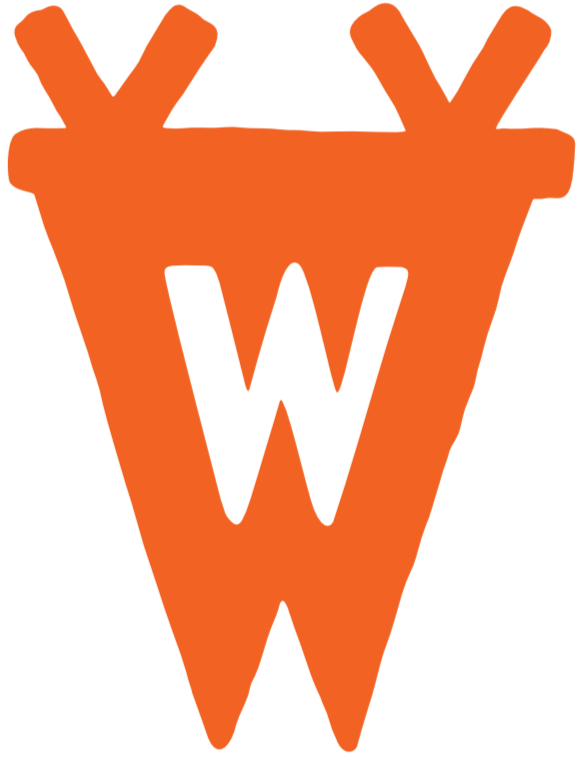 Orange shape with a black letter 'W' in the center, resembling a stylized flower or emblem.