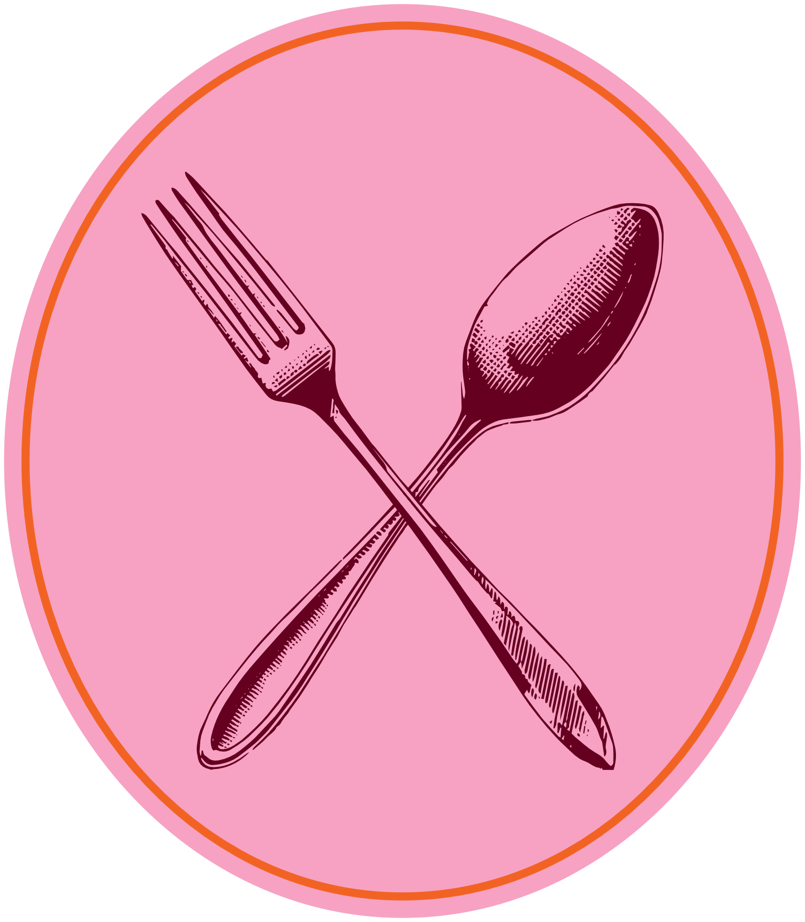 Illustration of a fork and spoon crossed over each other, set against a pink circular background with an orange border.