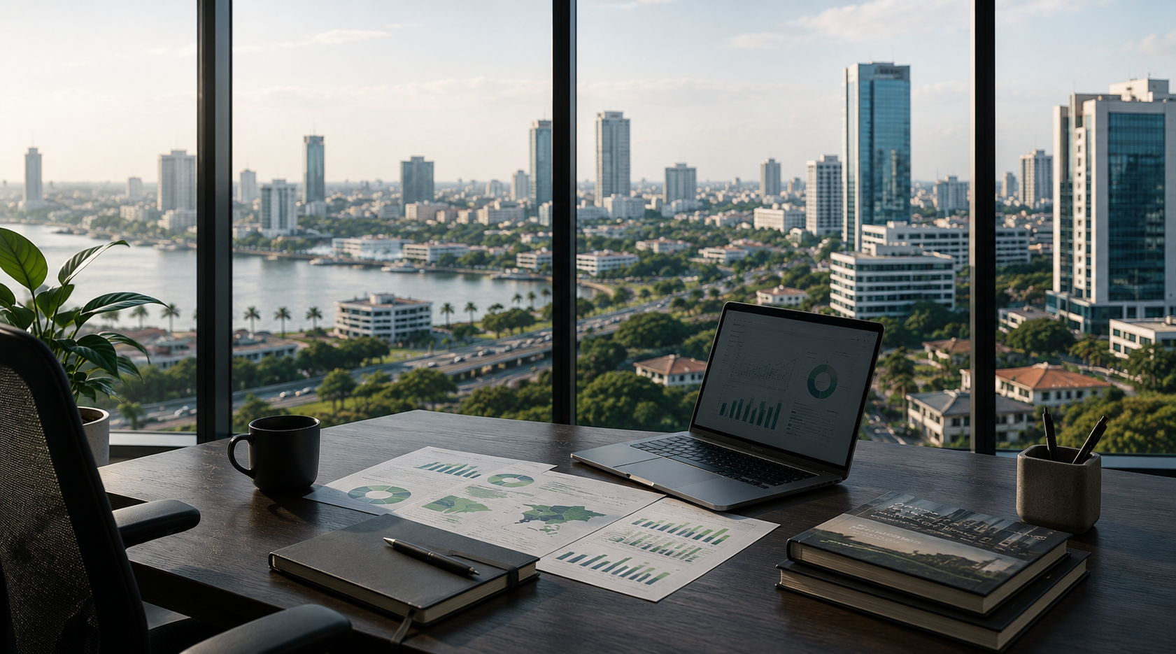 Business desk with market research documents, laptop and city skyline