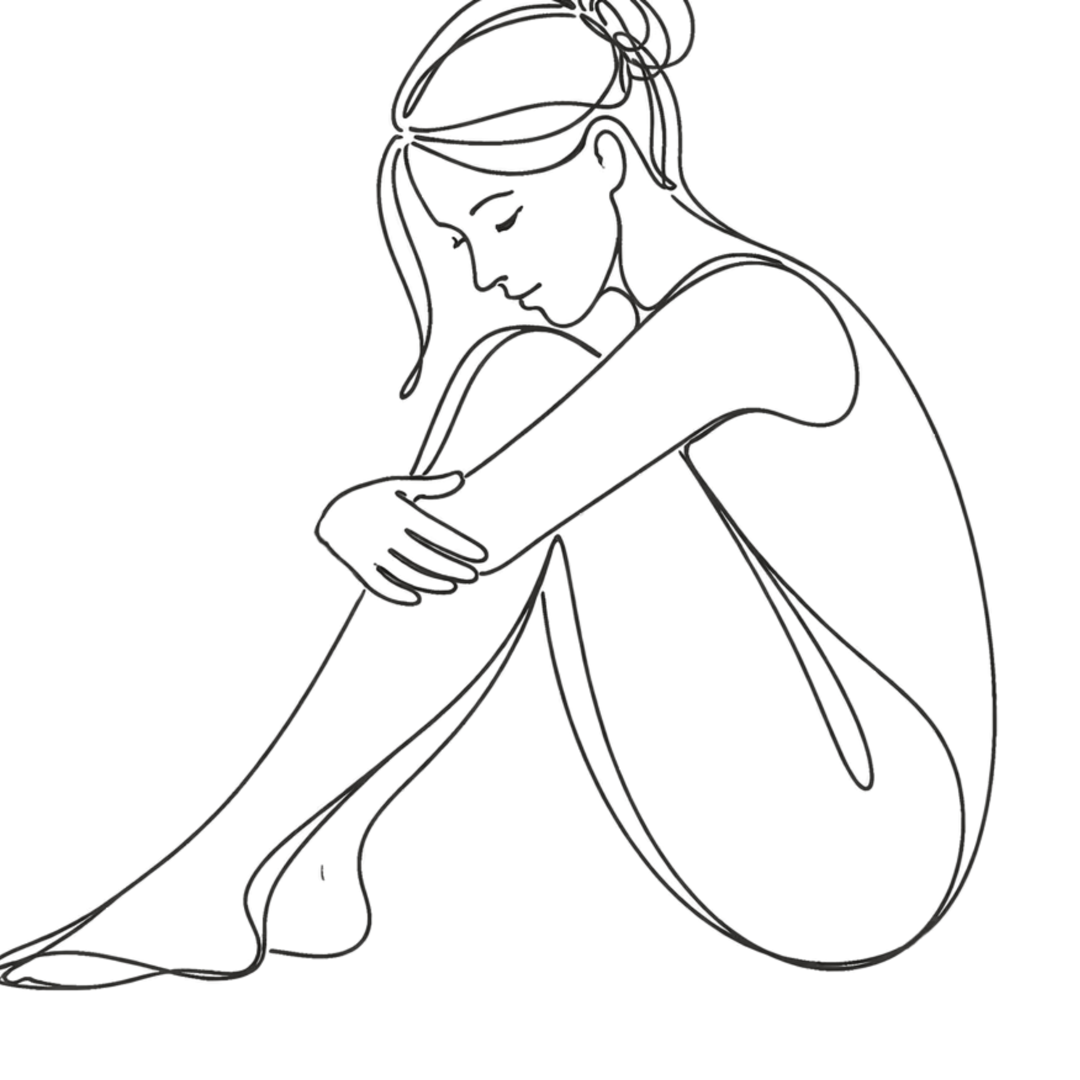 Line art drawing of a woman, with her head bowed and her hand touching her face, depicted against a white background.