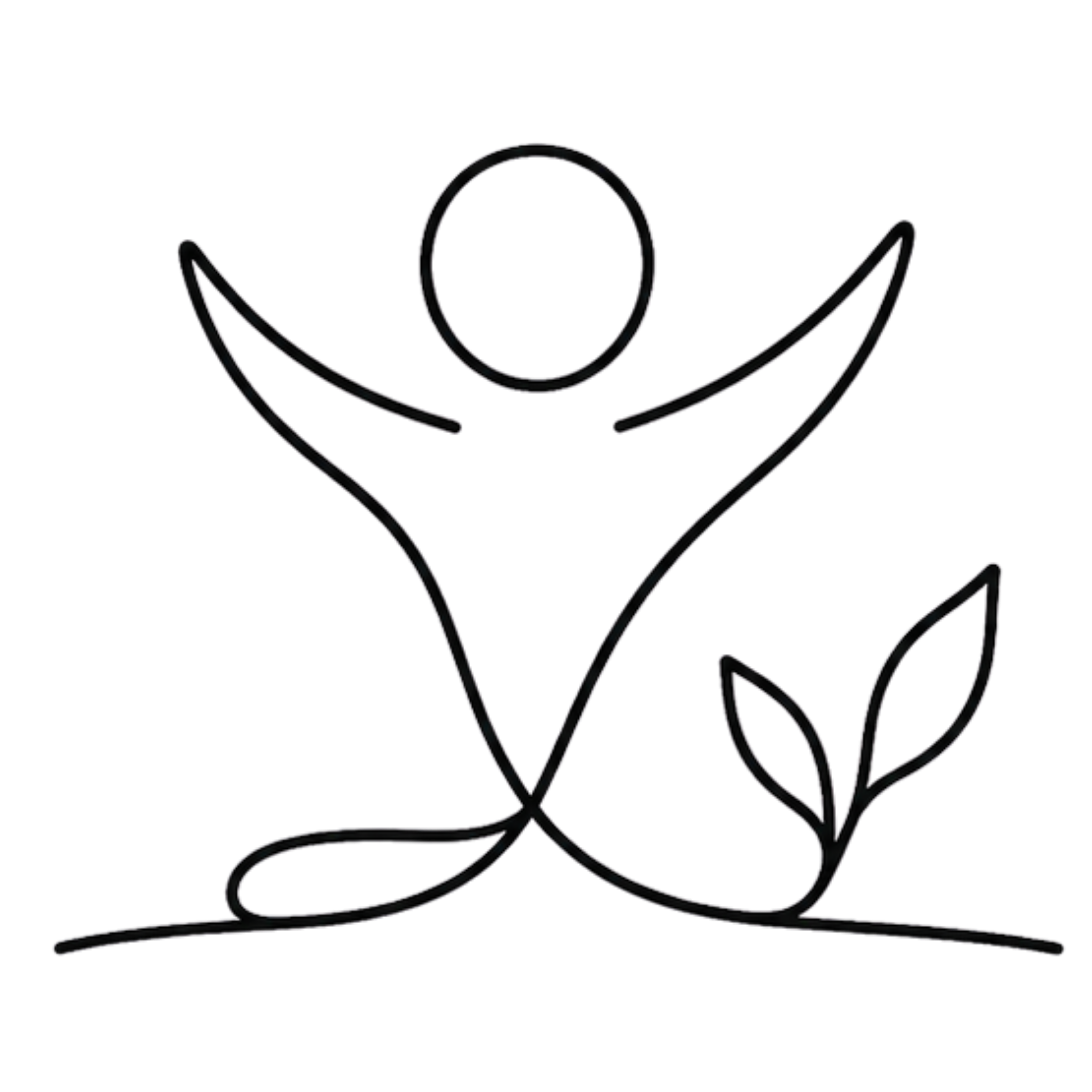 Line drawing of a person with arms in air a small plant next to them