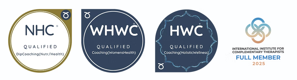 Four badges or logos for health and coaching certifications, including NHC, WHWC, HWC, and IICT