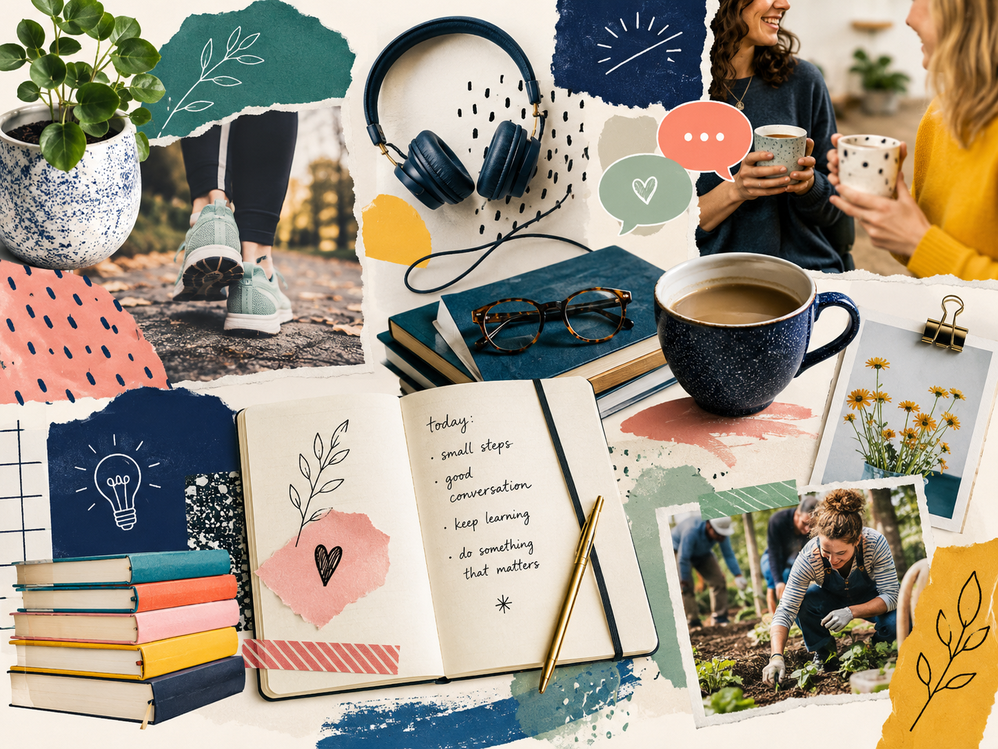 A collage of various items on a desk with coffee, books, glasses, and notes, surrounded by cutout photographs of two women talking, a person walking outdoors, and people gardening, along with decorative elements like a plant, headphones, and illustrations.