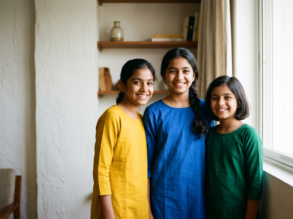 Three young girls standing close together indoors, smiling at the camera.