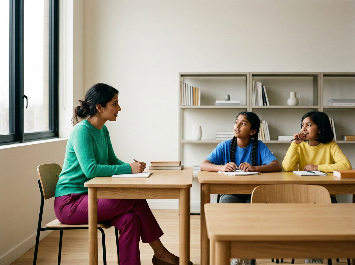Teacher speaking to two young female students in a classroom.