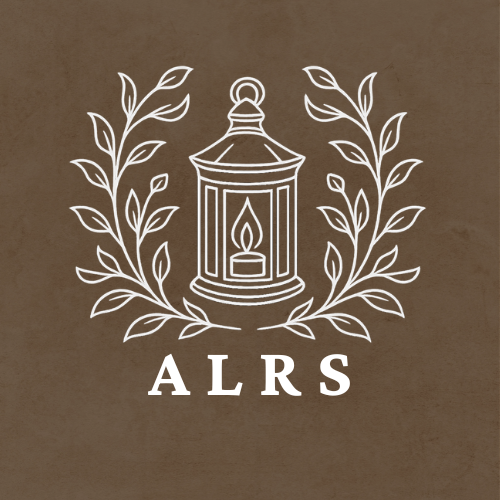 A white lantern surrounded by a laurel wreath on a brown background with the letters 'ALRS' underneath.