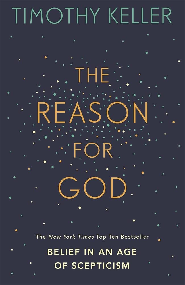 Book cover titled 'The Reason for God' by Timothy Keller with subtitle 'Belief in an Age of Scepticism'. The background is dark with scattered small dots resembling stars.