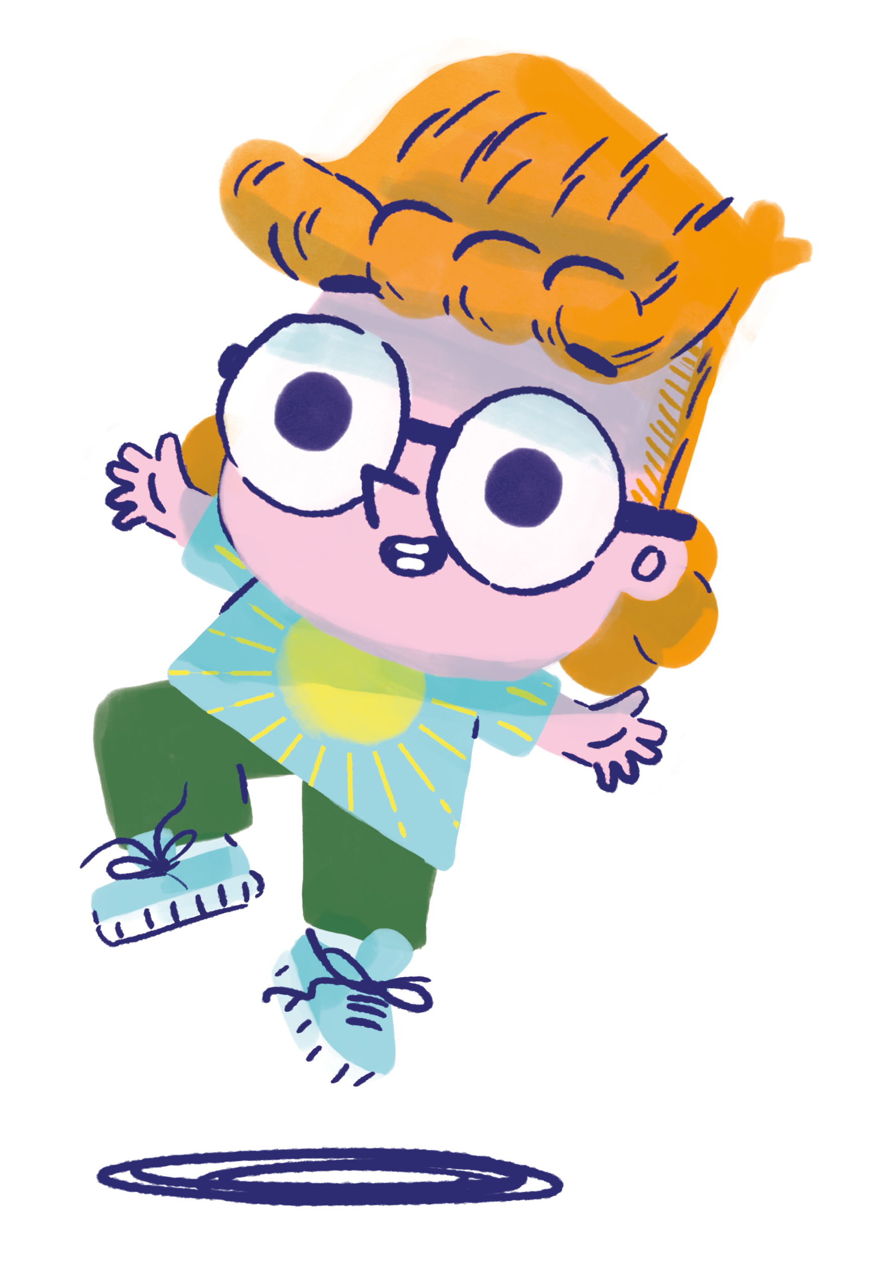 A colorful cartoon drawing of a girl with orange hair, glasses, a blue shirt, green pants, and sneakers, holding a large crayon box with a big crayon on top.