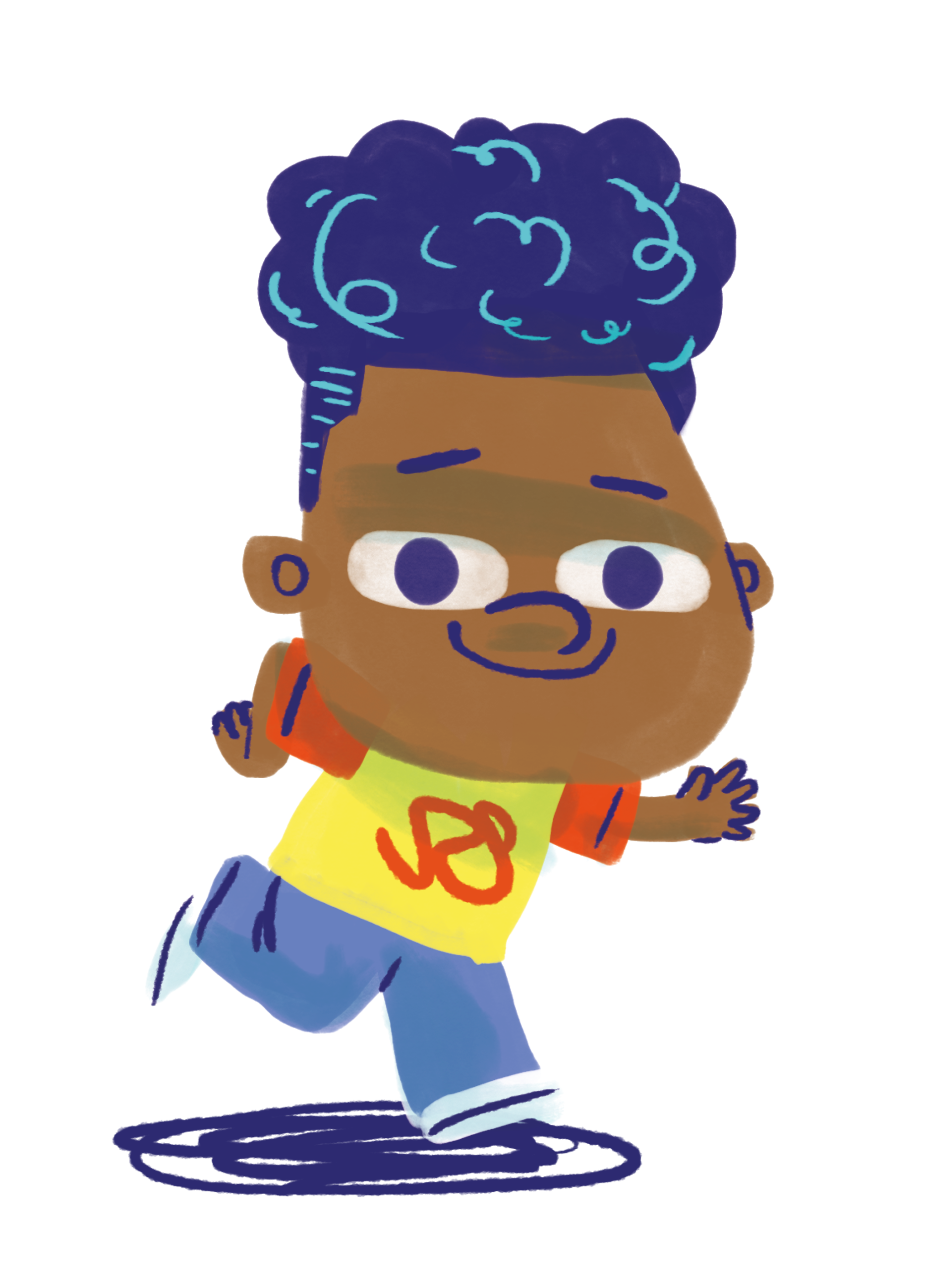 Cartoon of a smiling person with dark skin, curly blue hair, glasses, wearing a yellow shirt with a red dollar sign, blue shorts, red jacket, running and pushing a gray cart.