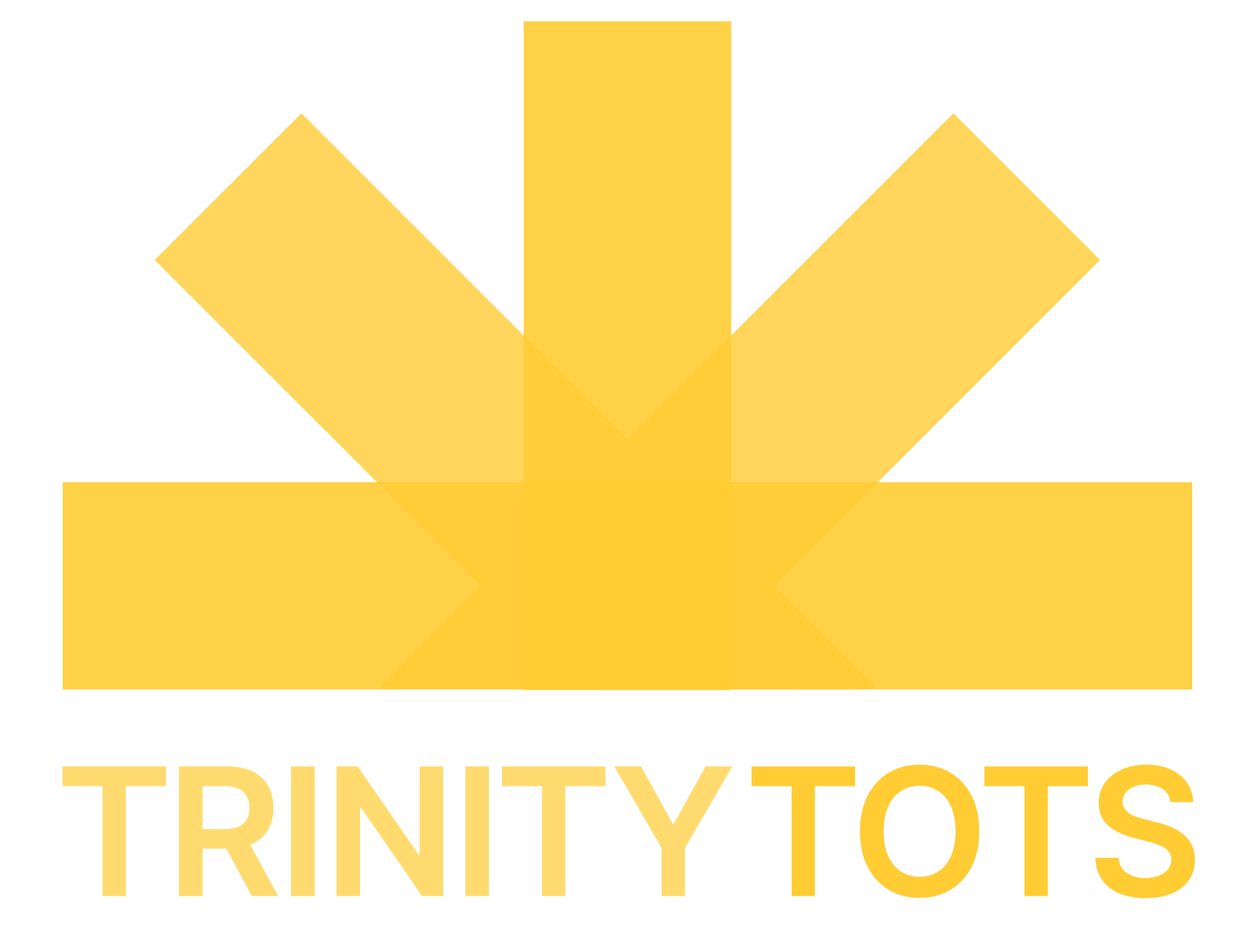 Yellow logo with black and yellow text that reads 'TRINITY TOTS' and a stylized yellow crown symbol above the text.