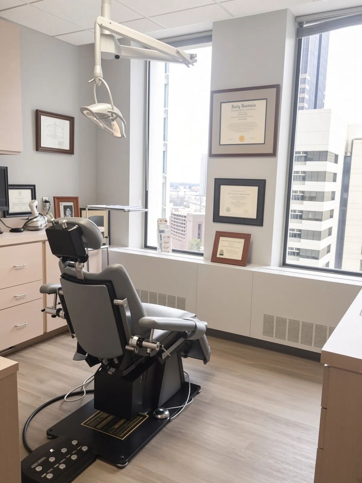 Dental examination room with dental chair, overhead light, framed diplomas on the wall, and large windows showing city buildings outside.