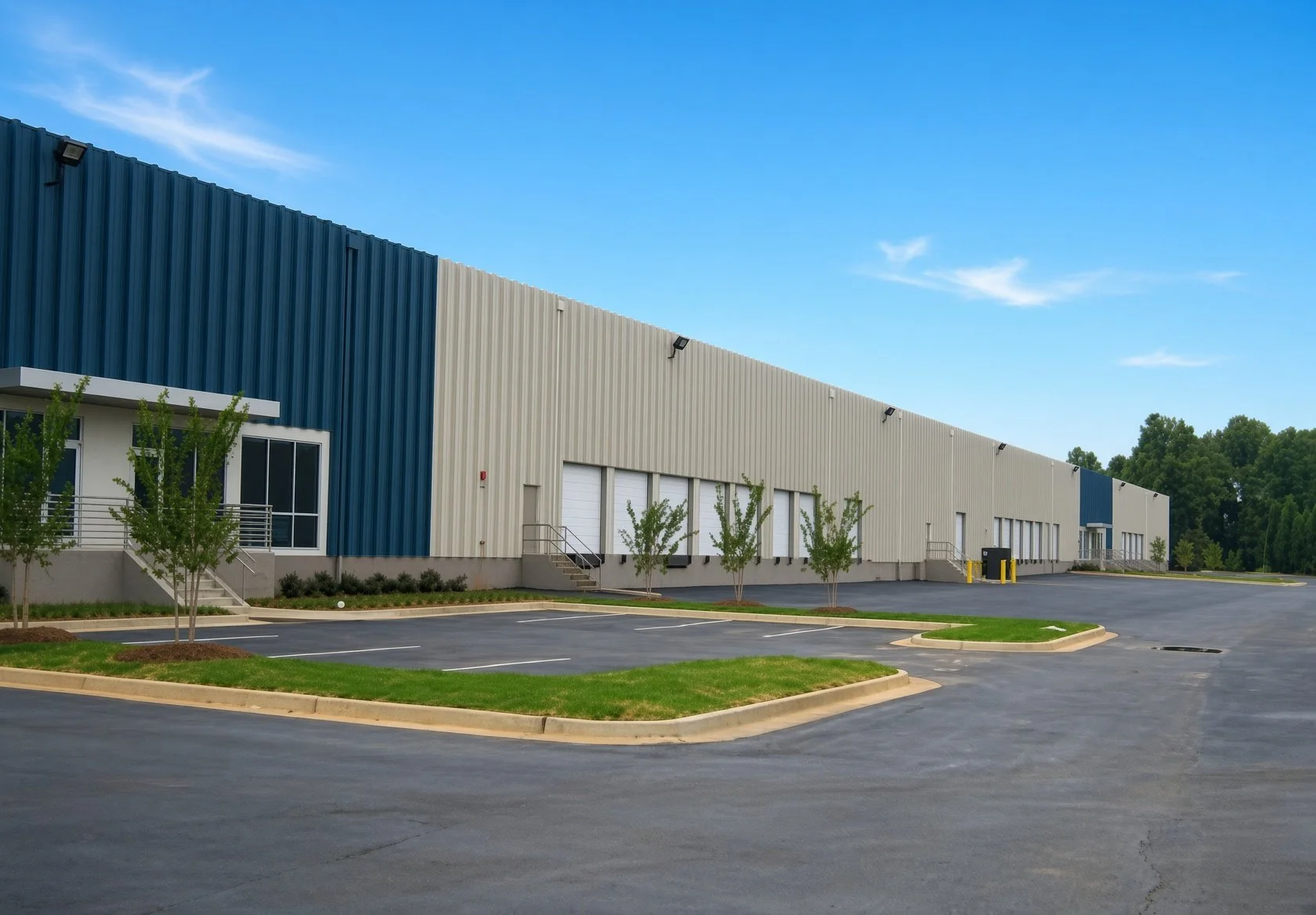 A large modern industrial warehouse building with blue and beige metal siding, multiple loading dock doors, small trees, a parking lot with marked parking spaces, and a clear blue sky with minimal clouds.