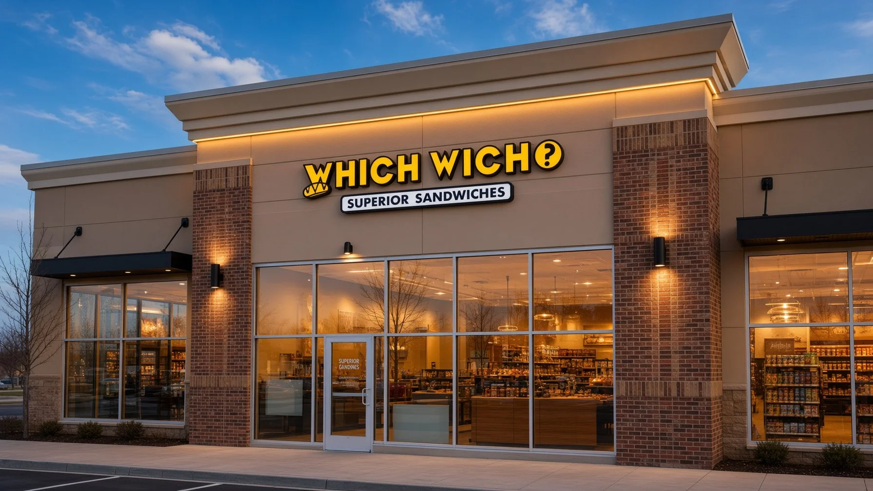 Exterior of a shopping center with a store sign that reads "Which Wich Superior Sandwiches".