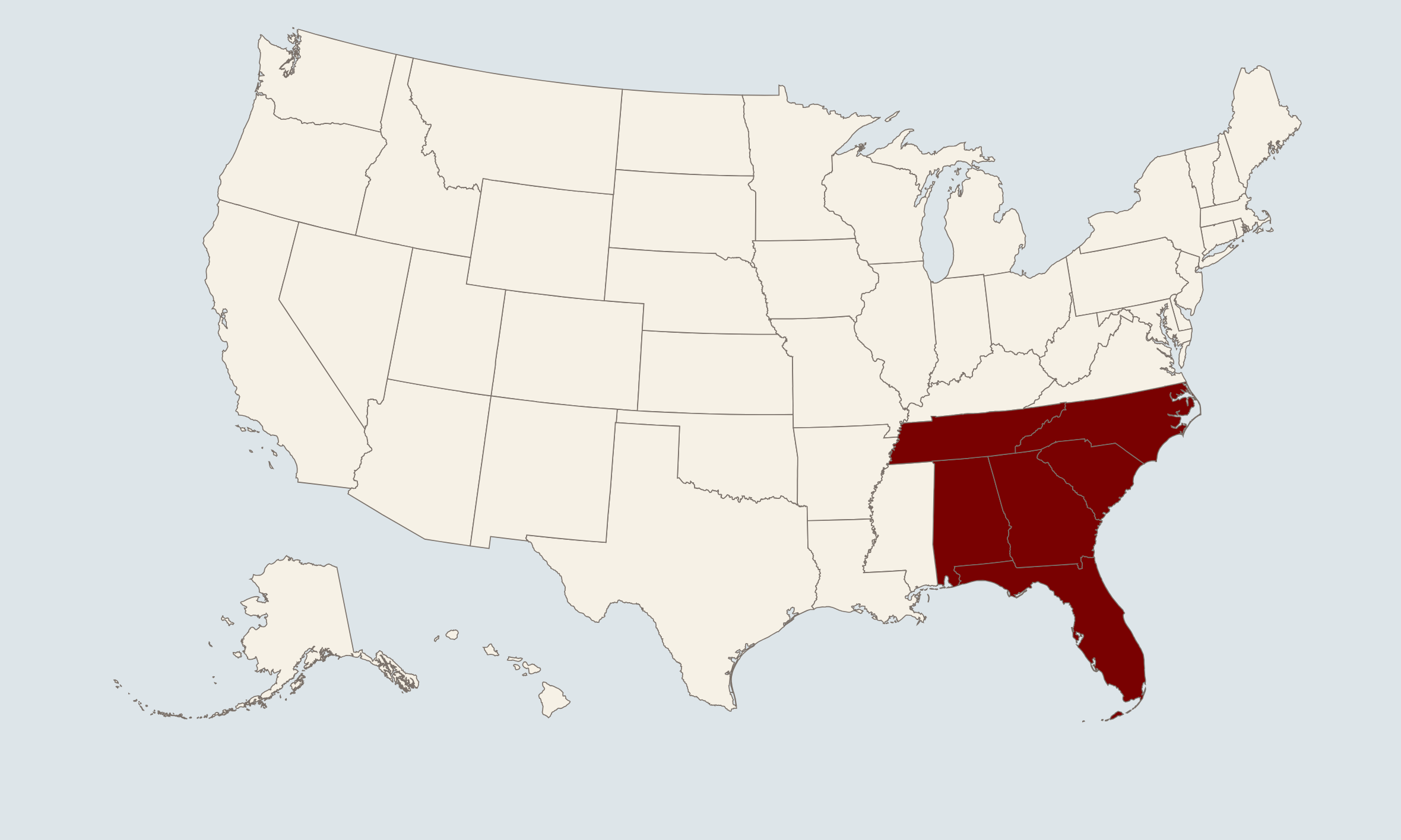Map of the United States with the southern states highlighted in dark red, including Texas, Louisiana, Mississippi, Alabama, Georgia, South Carolina, Florida, and parts of neighboring states.