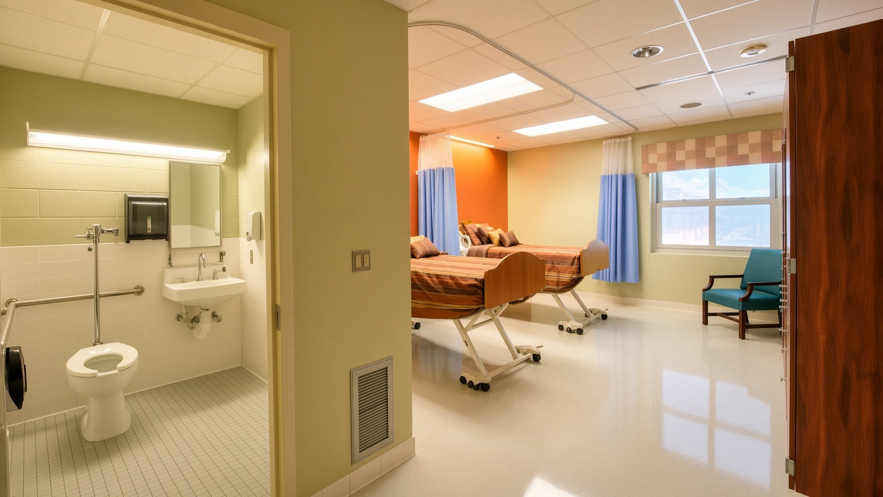 Hospital room with two beds, a chair, and window, adjacent to a bathroom with a toilet and sink.