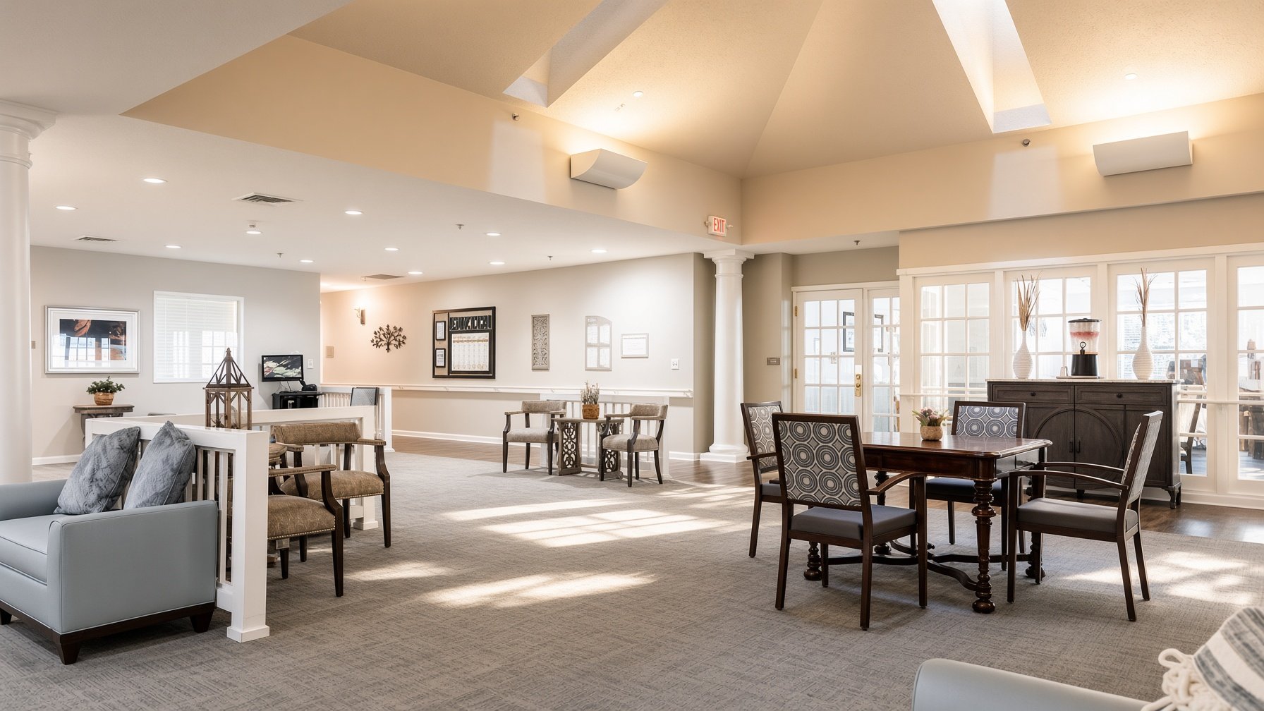 Spacious lounge area with multiple tables and chairs, a sideboard with decorative vases, and large windows letting in natural light.