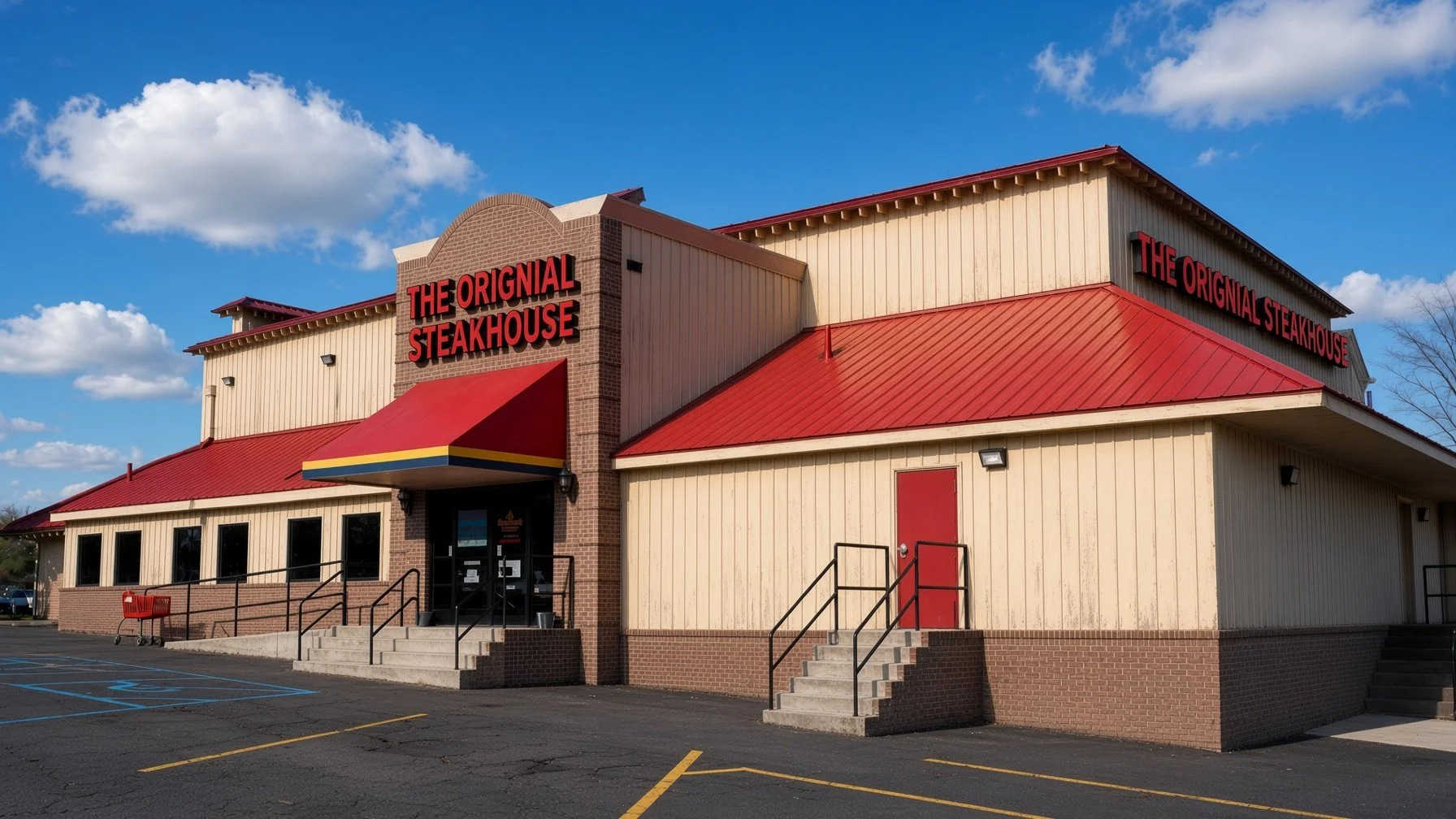 Exterior of a restaurant called 'The Original Steakhouse' with a red metal roof, beige siding, and black railings at the entrance, set against a blue sky with clouds.