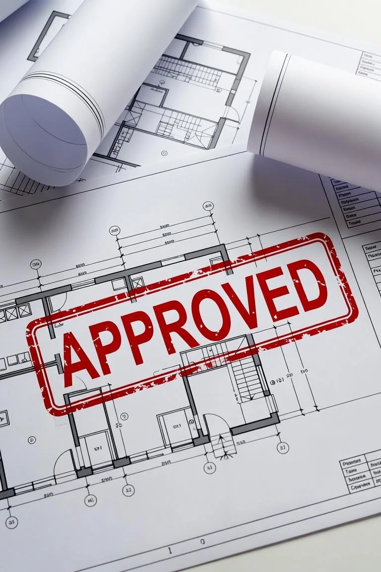 Architectural blueprints with an 'Approved' stamp.