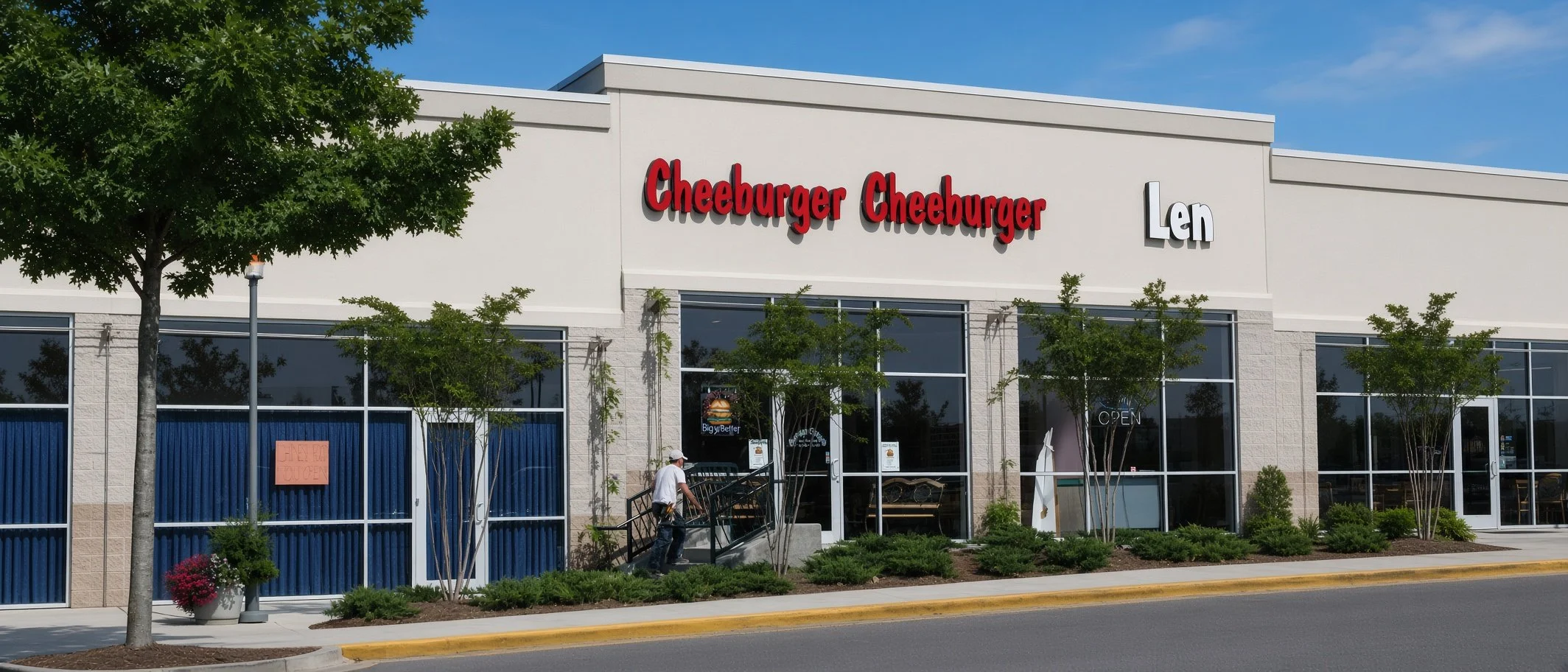 Exterior of a shopping plaza with a Cheeburger Cheeburger restaurant and Len store, a man walking near the entrance, trees, and blue sky.