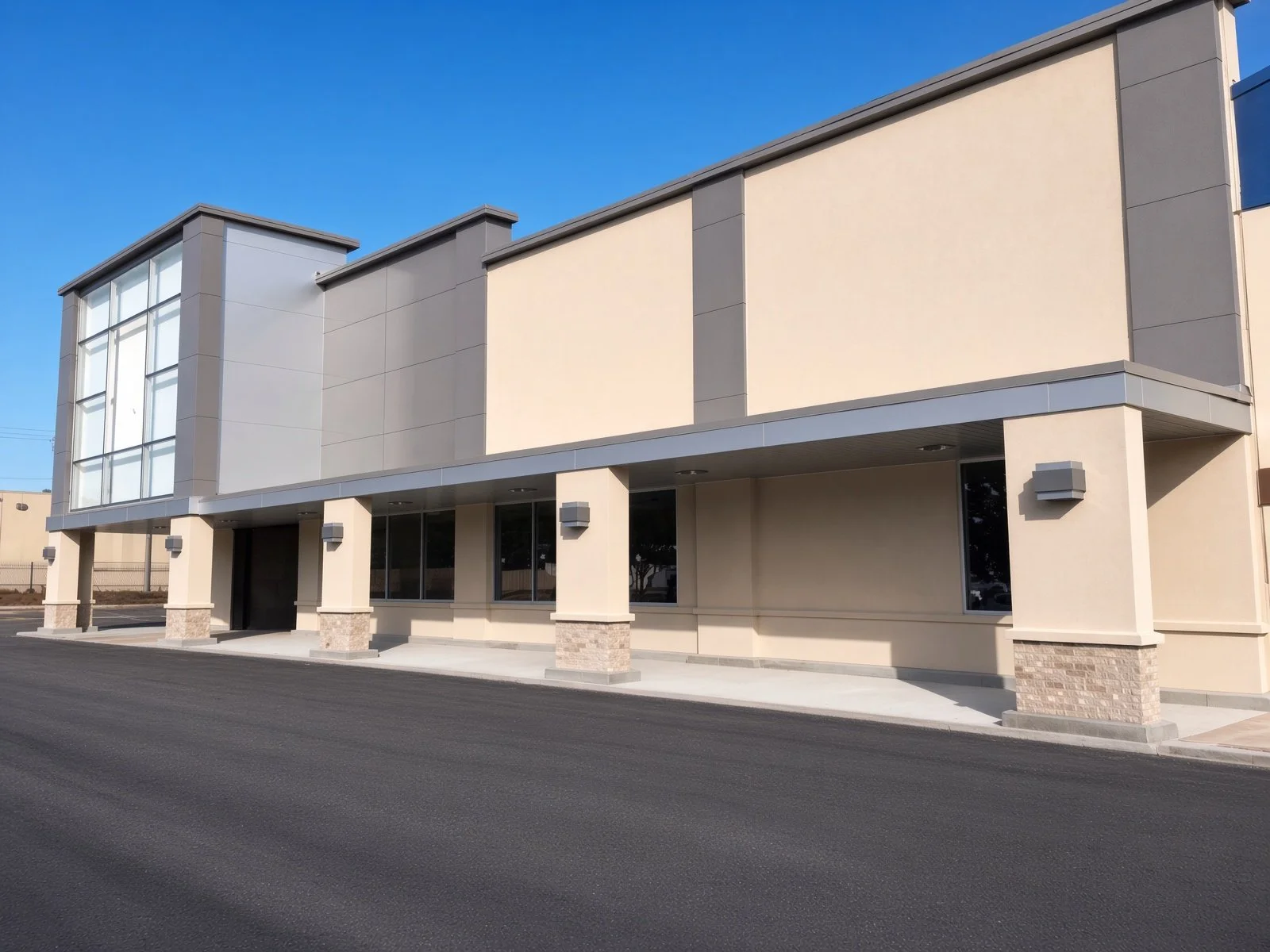 Modern commercial building with beige and gray exterior, large glass windows, and a covered sidewalk with light fixtures, under a clear blue sky.