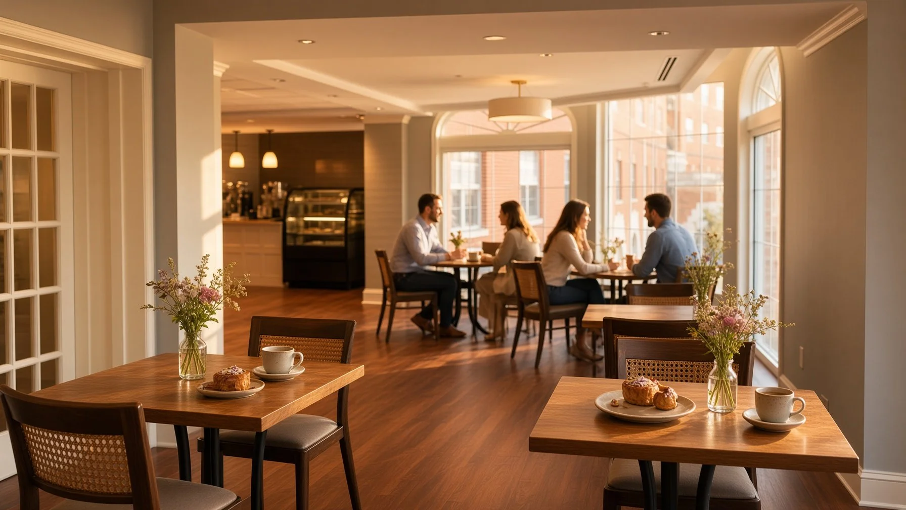 A cozy cafe scene with wooden tables, cups, pastries, and vases of flowers, sunlit by large windows, with four people sitting at a round table in the background.