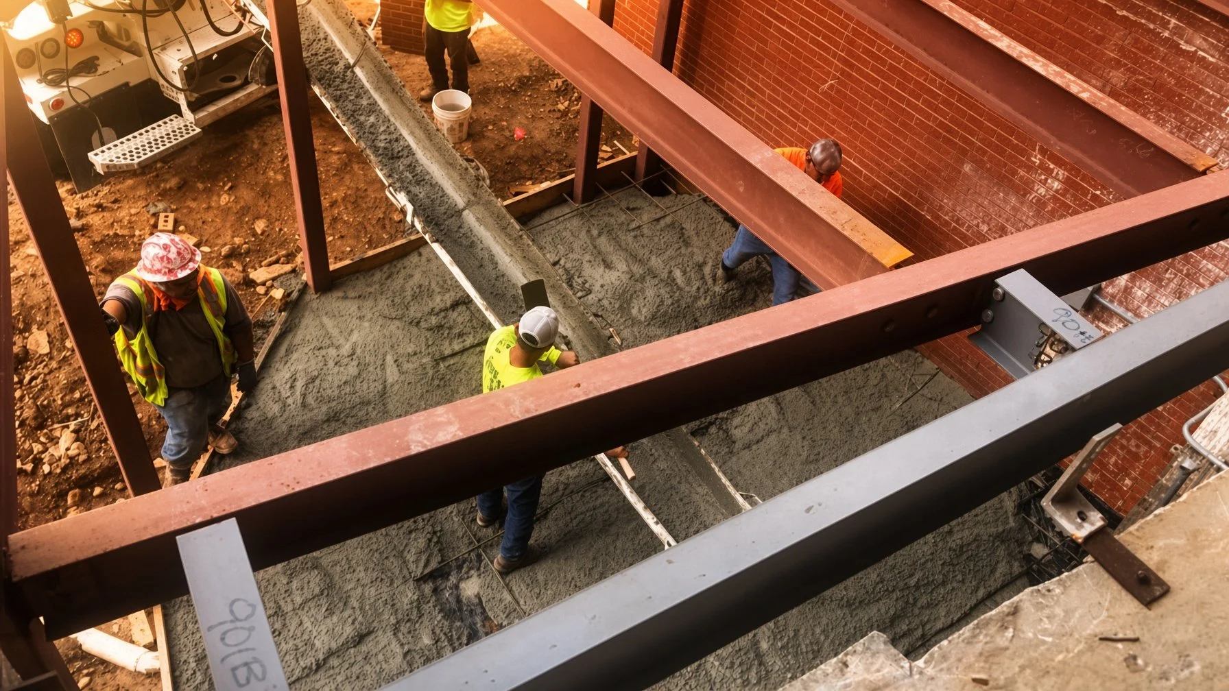 Construction workers are smoothing fresh concrete on a building site, with steel beams and brick walls visible.