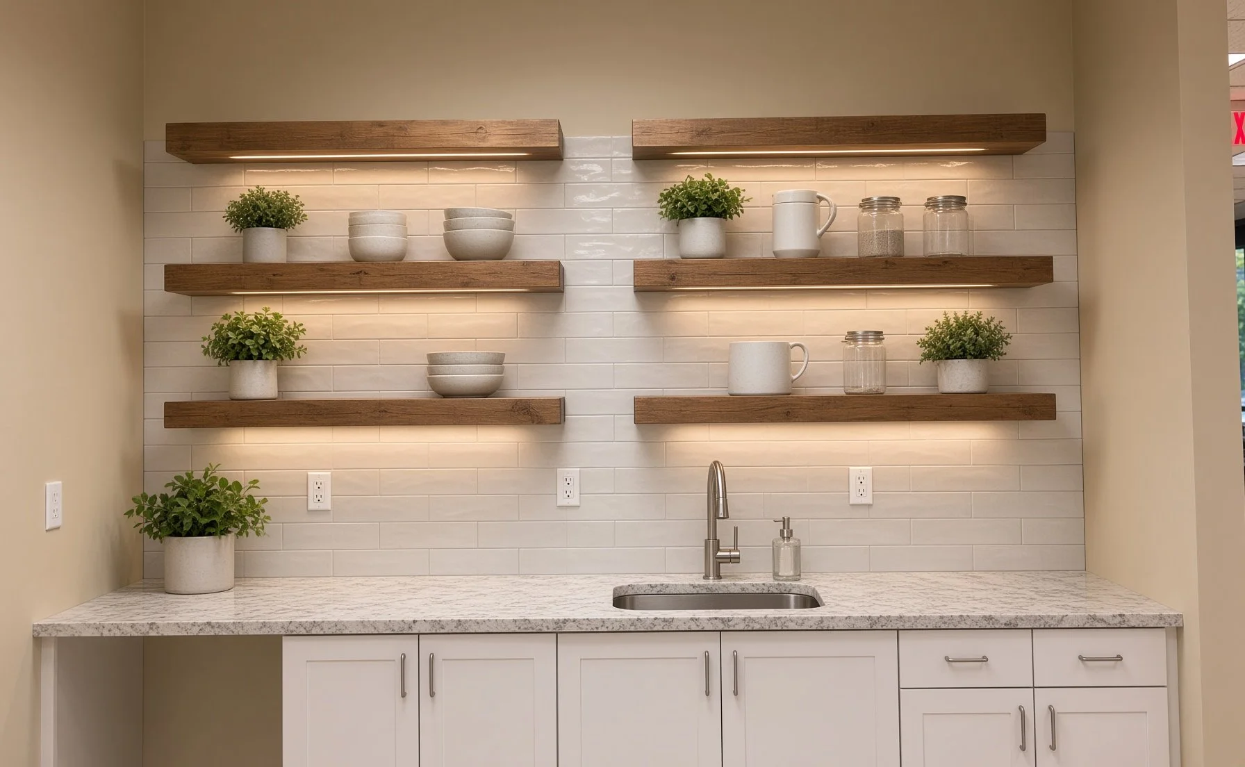 A kitchen with white cabinets, a granite countertop, and two wooden shelves with potted plants, bowls, mugs, jars, and under-shelf lighting.