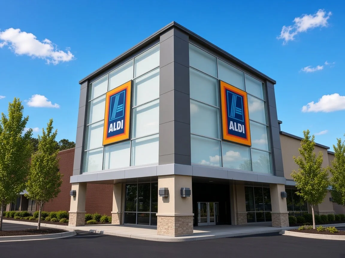 Exterior of an ALDI grocery store with large glass windows and two prominent ALDI signs on the front