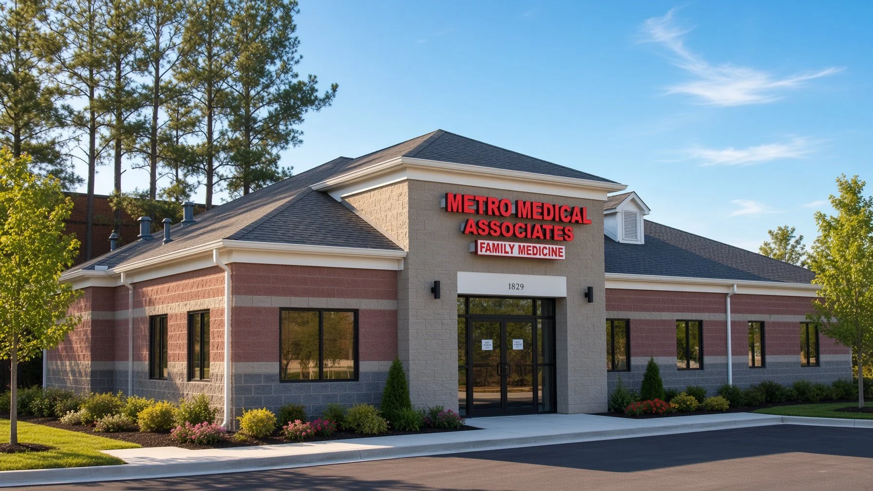 Exterior view of Metro Medical Associates family medicine clinic, a modern single-story building with brick and beige walls, black windows, and a landscaped front yard.