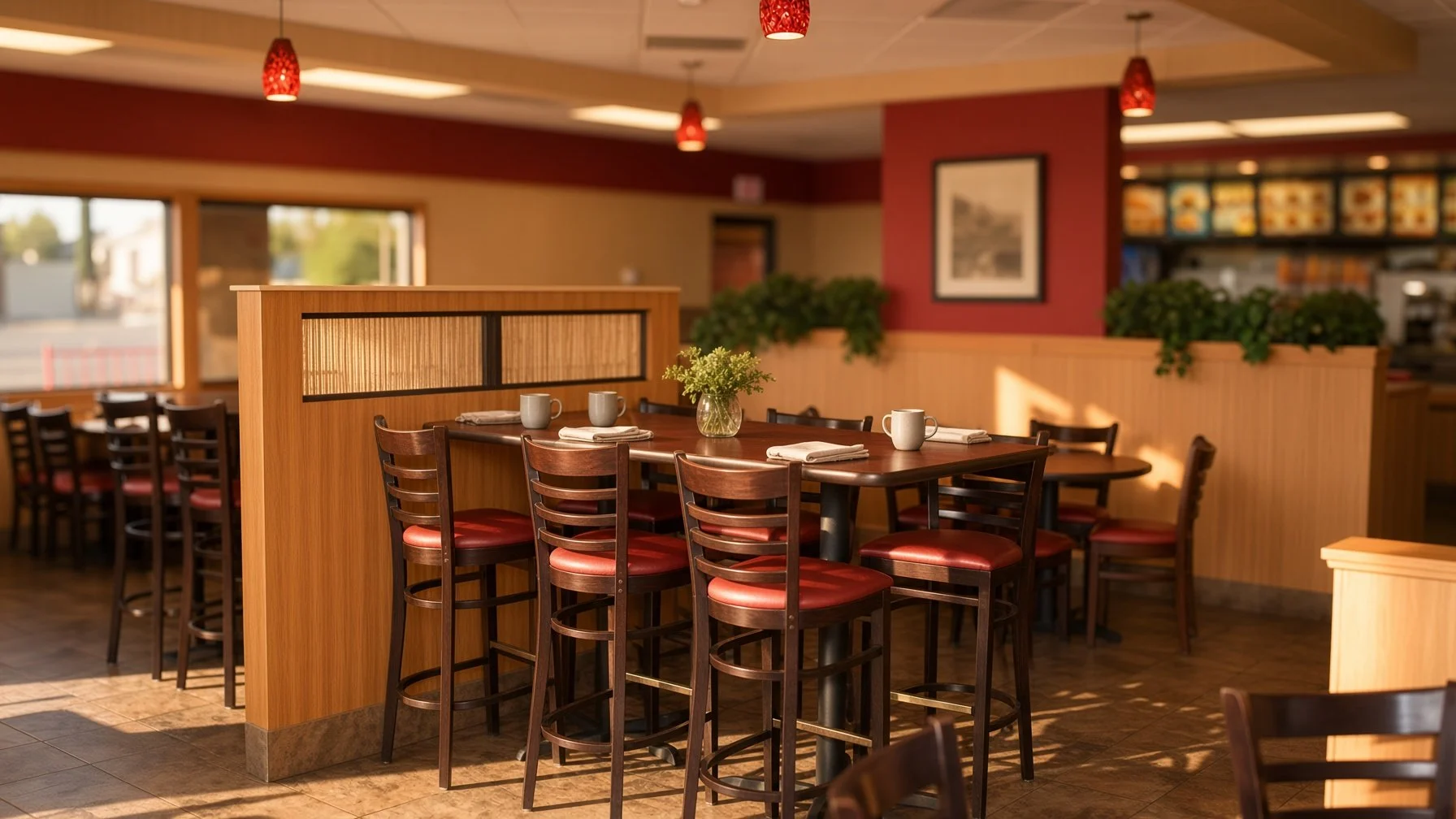 Interior of a cozy restaurant with a high table surrounded by wooden chairs with red cushions, a decorative vase with flowers, and warm lighting from small red pendant lamps, with windows letting in natural light.