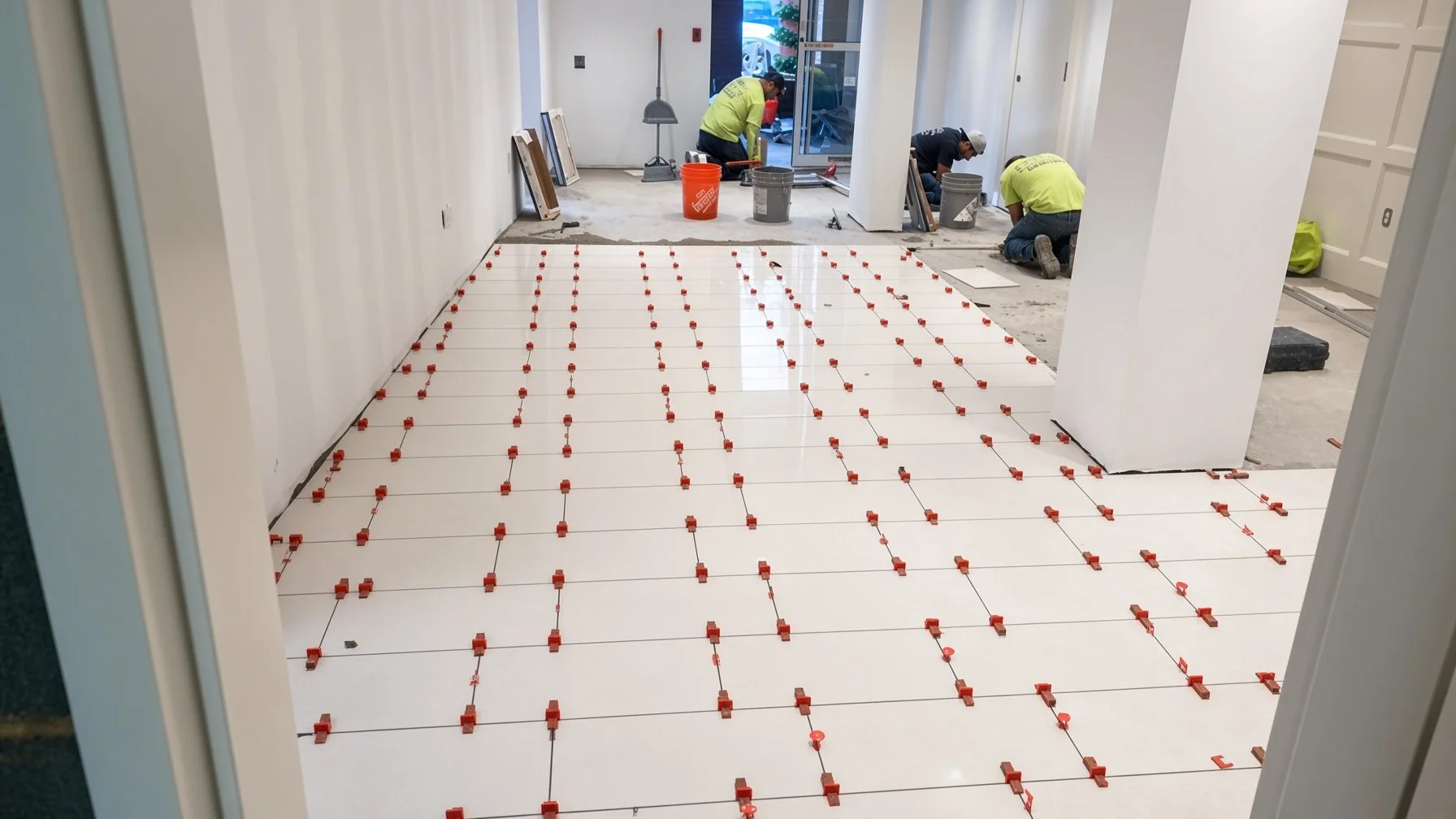 Workers installing white floor tiles with spacers in a room under renovation.