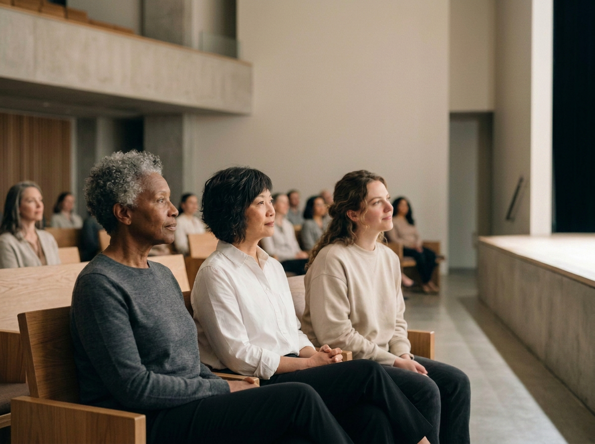 Three women sitting in the audience of a theater or auditorium, watching a performance or presentation on stage.