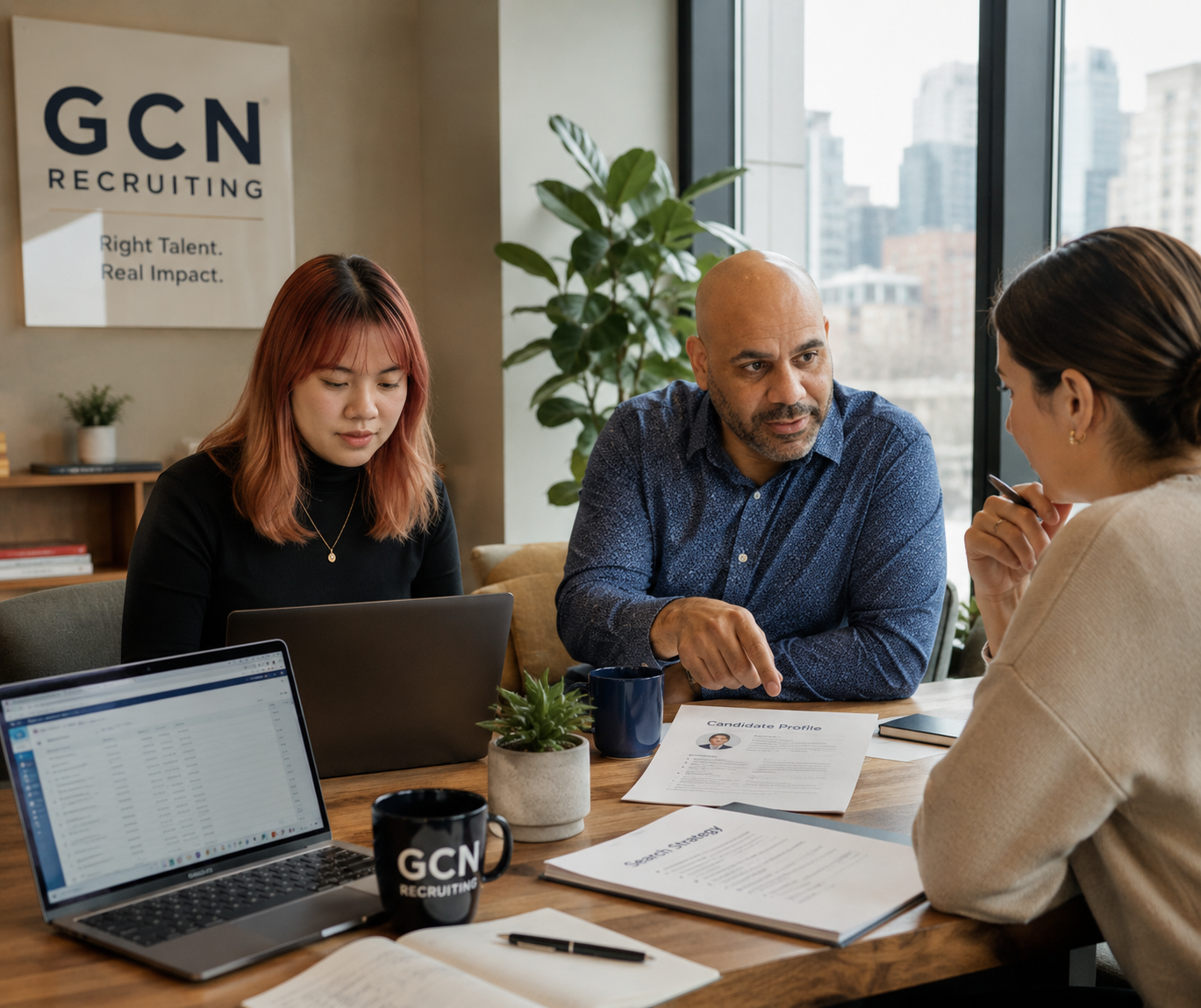 GCN Recruiting team discussing candidates and hiring strategy