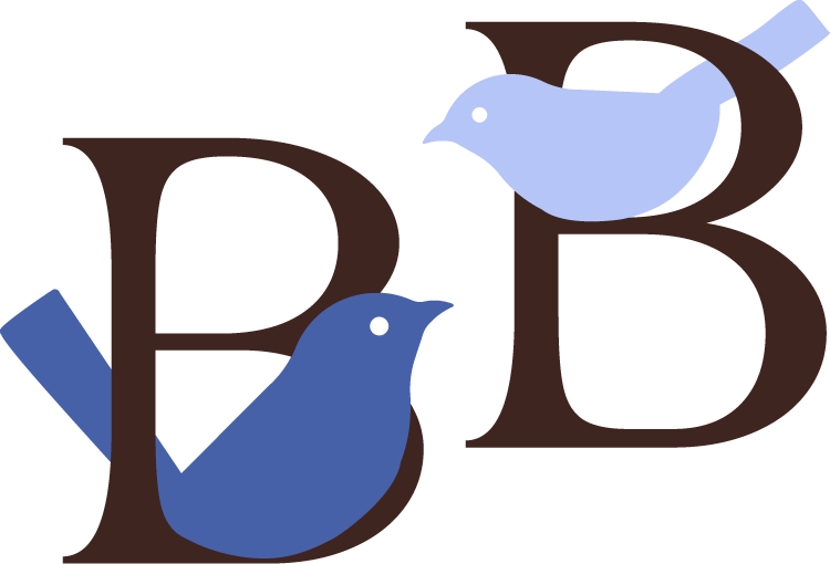 Illustration of two large letters B, with two birds perched on the letters, one bird sitting on the top part of the letter B and the other on the lower part.