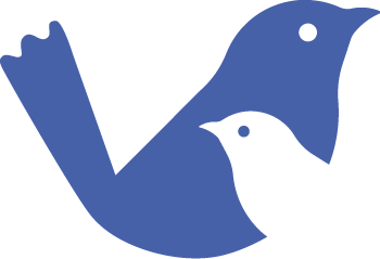 Silhouette of two stylized blue birds facing opposite directions.
