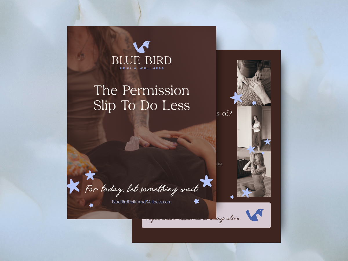Promotional flyer for Blue Bird Reiki & Wellness titled "The Permission Slip To Do Less" featuring images of people receiving and giving reiki therapy, with decorative stars and text reading "For today, let something wait" and the website BlueBirdReikiAndWellness.com.