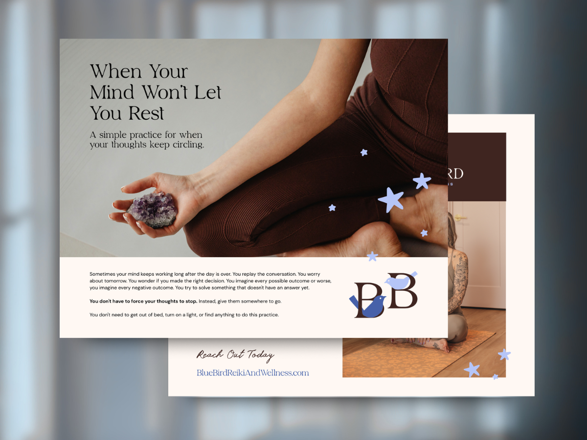 A promotional image for a wellness practice featuring a person practicing yoga with crystals, surrounded by star illustrations, and text about managing thoughts and promoting relaxation.