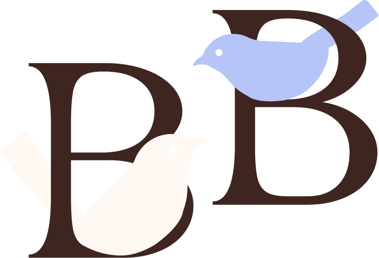 Illustration of the letters "B" and "B" with two stylized birds, one blue and one white, perched on the letters.
