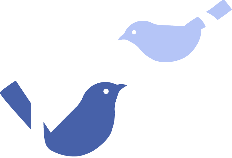 Logo with the letters 'B' and 'B' in white, featuring two blue stylized birds perched on the letters.