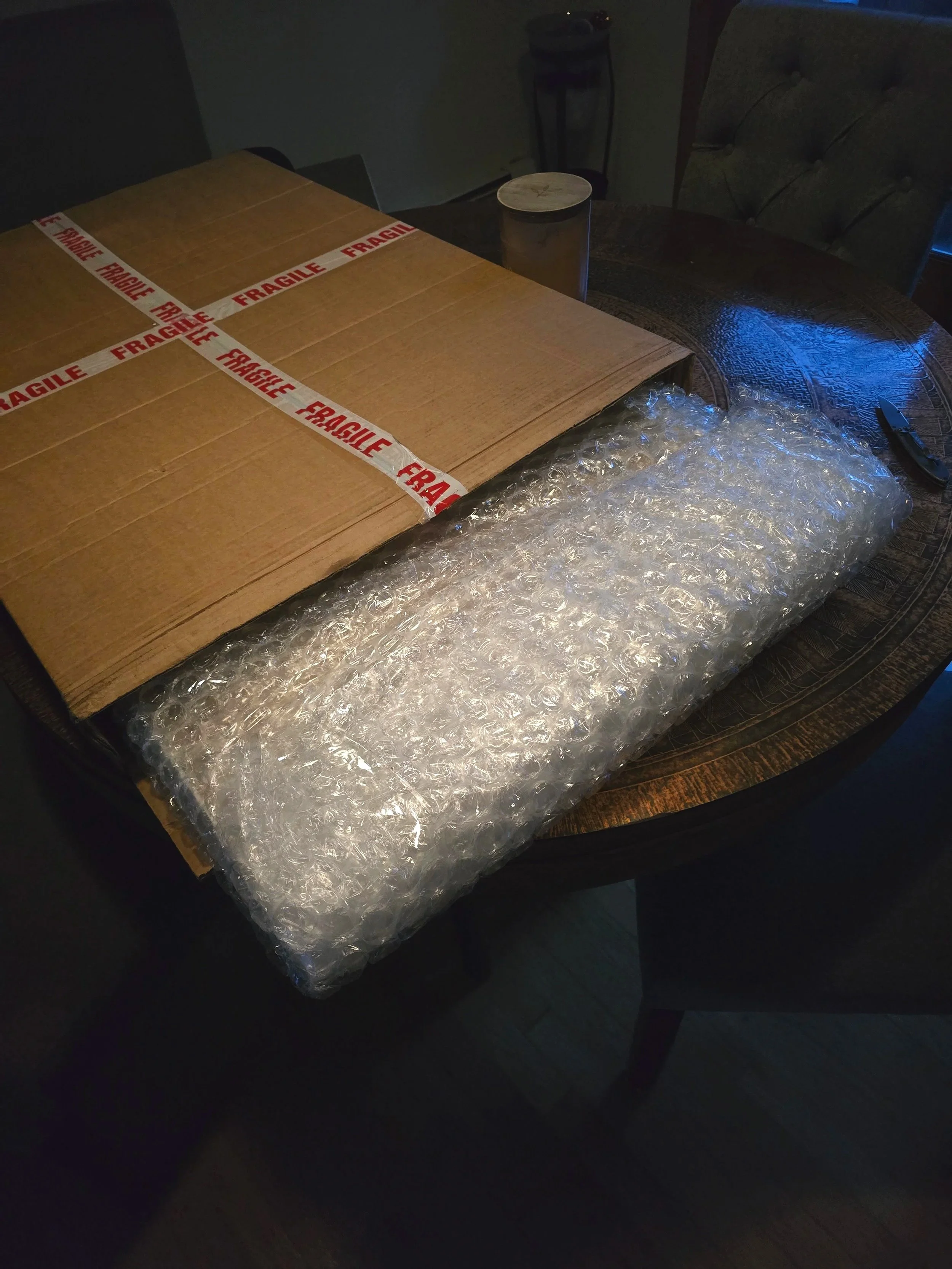 Packaged Up Really Nice - Fragile tape is Bold, Box is sized right so not too big to shake around but also not too tight to get punctured/damaged easily. 