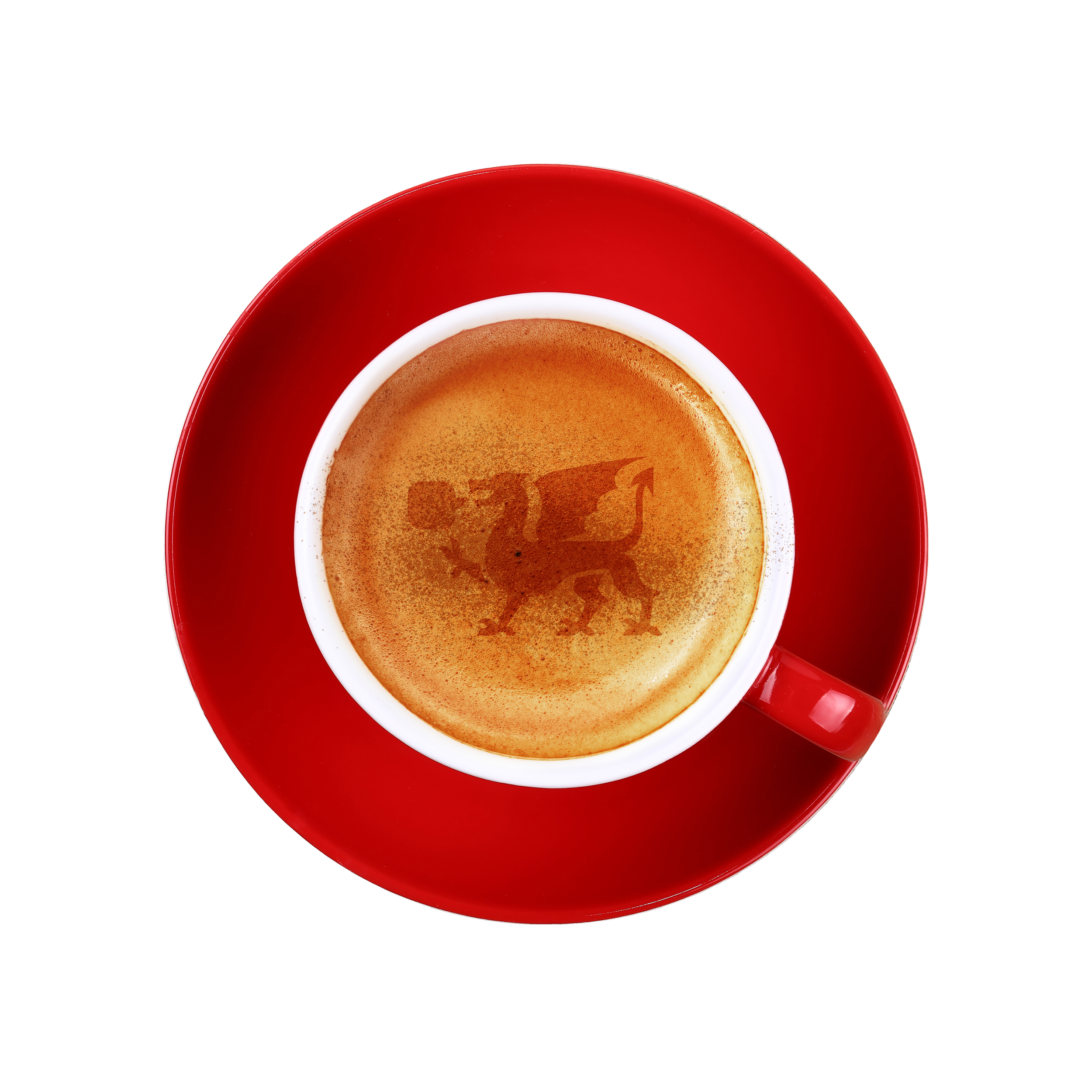 Close-up of a red coffee cup and saucer with espresso.